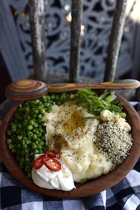 parmesan mashed potatoes and peas bowl