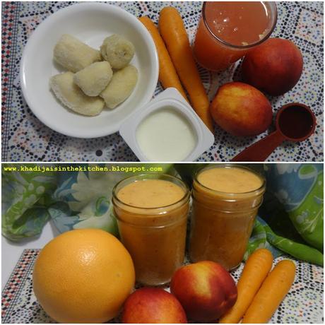 SMOOTHIE AUX PÊCHES, CAROTTES ET PAMPLEMOUSSE / PEACH, CARROT AND GRAPEFRUIT SMOOTHIE / BATIDO DE MELOCOTÓN, ZANAHORIA Y POMELO / عصير الدراق و الجزر و الليمون الهندي (جريب فروت)