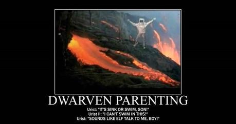 DD meme about dwarf parents initiating their children in fire