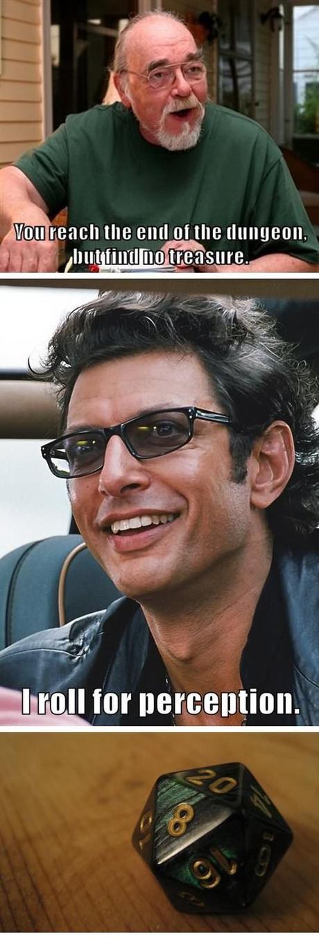 DD meme about Jeff Goldblum rolling high on perception to find treasure