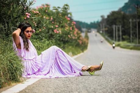 lilac maxi dress, tired dress, fashion, style, neon vinyl heels, myriad musings