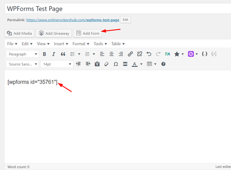 add wpforms shortcode