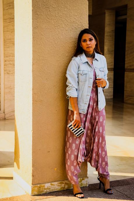 dhoti jumpsuit, indian festive look, indian fashion, style idea, ootd, embroidered dhoti, how to style a dhoti, denim jacket, style inspiration, indian fashion blogger, saumya shiohare, myriad musings 