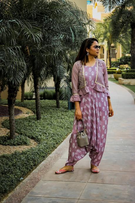 dhoti jumpsuit, indian festive look, indian fashion, style idea, ootd, embroidered dhoti, how to style a dhoti, denim jacket, style inspiration, indian fashion blogger, saumya shiohare, myriad musings 