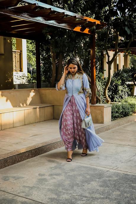 dhoti jumpsuit, indian festive look, indian fashion, style idea, ootd, embroidered dhoti, how to style a dhoti, denim jacket, style inspiration, indian fashion blogger, saumya shiohare, myriad musings 