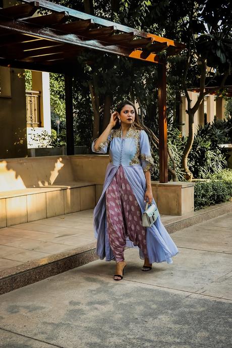 dhoti jumpsuit, indian festive look, indian fashion, style idea, ootd, embroidered dhoti, how to style a dhoti, denim jacket, style inspiration, indian fashion blogger, saumya shiohare, myriad musings 