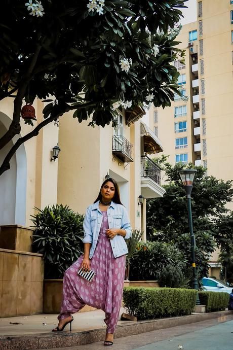 dhoti jumpsuit, indian festive look, indian fashion, style idea, ootd, embroidered dhoti, how to style a dhoti, denim jacket, style inspiration, indian fashion blogger, saumya shiohare, myriad musings 