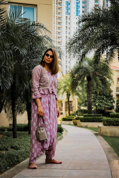 dhoti jumpsuit, indian festive look, indian fashion, style idea, ootd, embroidered dhoti, how to style a dhoti, denim jacket, style inspiration, indian fashion blogger, saumya shiohare, myriad musings 