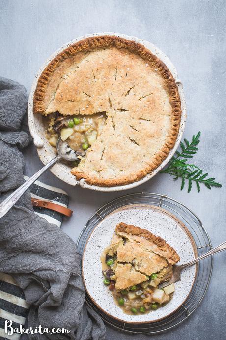 This Vegan Pot Pie has a scrumptious flaky gluten-free & paleo crust and the creamy filling is absolutely loaded with vegetables! This hearty, filling meal is perfect for chilly days and freezes well.