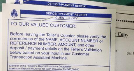 Bank deposit slip and receipt number