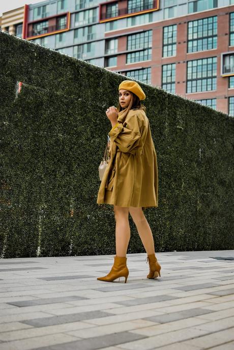 fall fashion, how to style a mini leather skirt, white leather skirt, boxy H&M jacket, pointy toe kitten booties, yellow beret, parisian style, fend bucket bag, yellow pussy bow blouse, myriad musings, saumya shiohare 