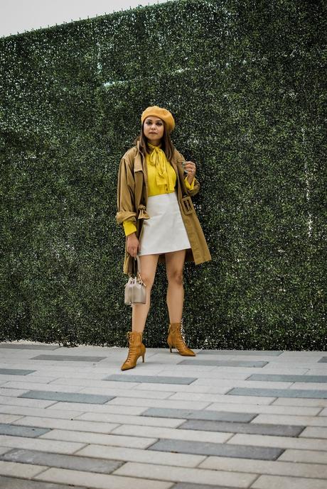 fall fashion, how to style a mini leather skirt, white leather skirt, boxy H&M jacket, pointy toe kitten booties, yellow beret, parisian style, fend bucket bag, yellow pussy bow blouse, myriad musings, saumya shiohare 