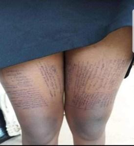 PHOTO: FCE (Special) Oyo student caught with answers written on her thighs during exam