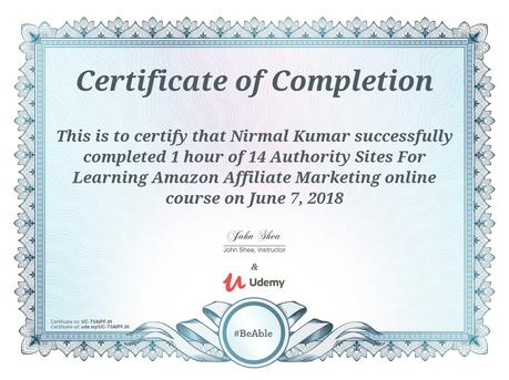 Nirmal Kumar completed the course on 14 Authority sites for Learning Amazon Affiliate Marketing