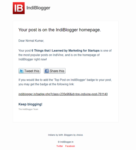 IndiBlogger Mail regarding Top Blog Post on IndiBlogger