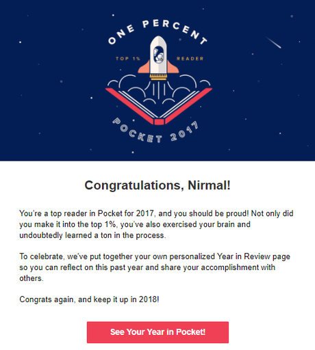 Mail from Pocket - Nirmal selected as top 1% reader