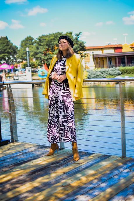 how to transition your summer dress to fall. HM richard alan dress, geometric dress style, beret style, midi dress outfit, layered outfit for fall, fall fashion, yellow blazer, black and white and yellow, myriad musings, saumya shiohare 