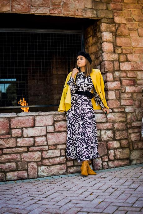 how to transition your summer dress to fall. HM richard alan dress, geometric dress style, beret style, midi dress outfit, layered outfit for fall, fall fashion, yellow blazer, black and white and yellow, myriad musings, saumya shiohare 