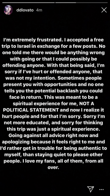 It took Demi Lovato some time to get why people criticized her Israel visit