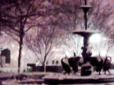 Fountain in the dark with snow [then blue silk]