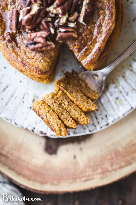 These Gluten-Free Vegan Pumpkin Pancakes tastes like fall thanks to the warm pumpkin spices and maple syrup! They're easy-to-make, light, fluffy, and absolutely delicious. 