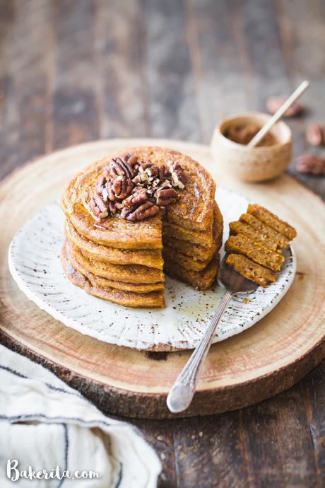 These Gluten-Free Vegan Pumpkin Pancakes tastes like fall thanks to the warm pumpkin spices and maple syrup! They're easy-to-make, light, fluffy, and absolutely delicious. 