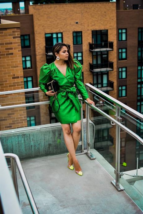 color trends for fall, fall fashion, colors for fall, green and neon, happyxnature green dress, party outfit, power shoulders, mini dress for new year, saumya shiohare, myriad musings 