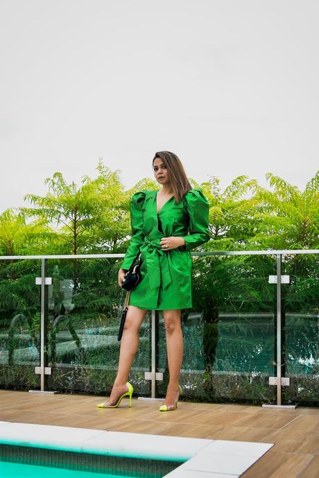 color trends for fall, fall fashion, colors for fall, green and neon, happyxnature green dress, party outfit, power shoulders, mini dress for new year, saumya shiohare, myriad musings 