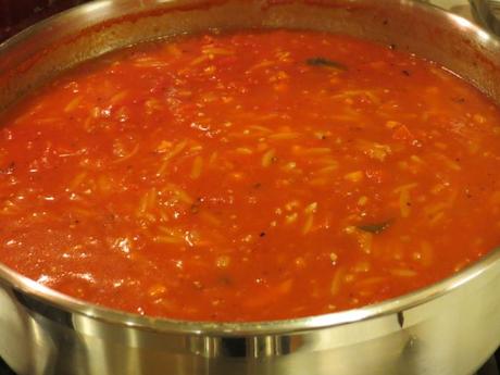 Tomato Basil Orzo Soup add orzo and peppers
