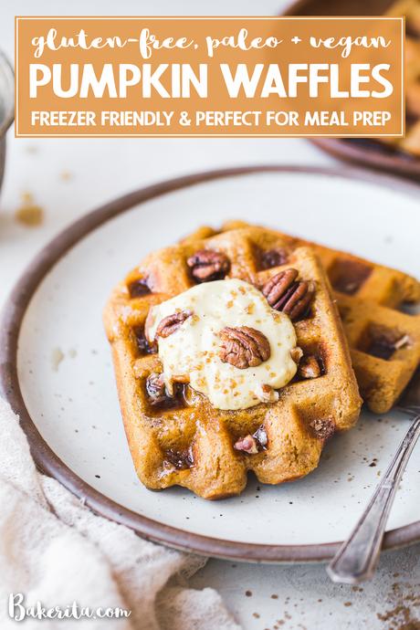 These Gluten-Free Vegan Pumpkin Waffles are easy to make with a crispy exterior and a warm, fluffy inside. They're freezer-friendly too, making them perfect for meal prep!