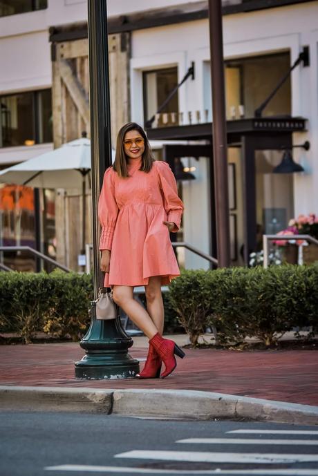 happyxnature mini dress, fashion, style, red western boots, orange sunglasses, mini fall dress, myriad musings, saumya shiohare 