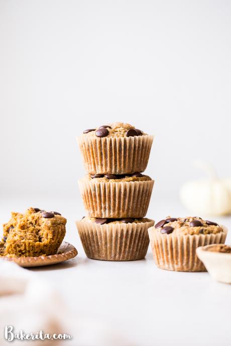 These Gluten-Free Vegan Chocolate Chip Pumpkin Muffins are fluffy, chocolatey, and full of warm pumpkin spices! These are perfect for meal prepping since they freeze well and make a wonderful breakfast, snack, or dessert.