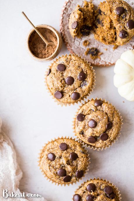 These Gluten-Free Vegan Chocolate Chip Pumpkin Muffins are fluffy, chocolatey, and full of warm pumpkin spices! These are perfect for meal prepping since they freeze well and make a wonderful breakfast, snack, or dessert.