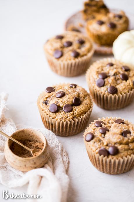 These Gluten-Free Vegan Chocolate Chip Pumpkin Muffins are fluffy, chocolatey, and full of warm pumpkin spices! These are perfect for meal prepping since they freeze well and make a wonderful breakfast, snack, or dessert.