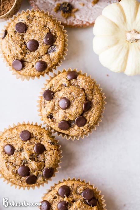 These Gluten-Free Vegan Chocolate Chip Pumpkin Muffins are fluffy, chocolatey, and full of warm pumpkin spices! These are perfect for meal prepping since they freeze well and make a wonderful breakfast, snack, or dessert.