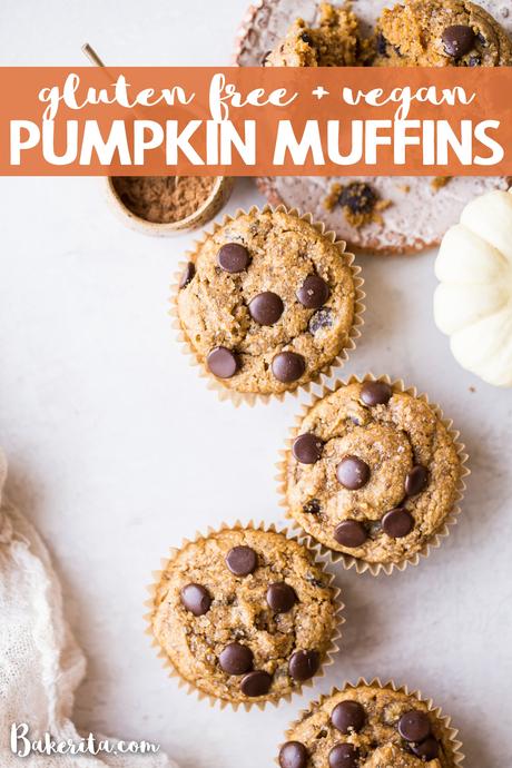 These Gluten-Free Vegan Chocolate Chip Pumpkin Muffins are fluffy, chocolatey, and full of warm pumpkin spices! These are perfect for meal prepping since they freeze well and make a wonderful breakfast, snack, or dessert.