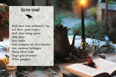 a Halloween tablescape with a mystery book theme a Halloween tablescape with a mystery book theme