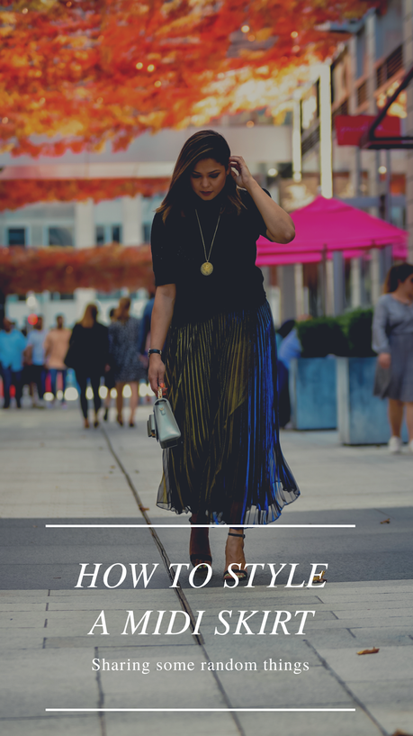festive outfit, pleated midi skirt, metallic midi skirt outfit, metallic sparkly kate spade sweater, party sweater, black strappy sandals, party outfit, fall fashion, street style, myriad musing, saumya shiohare 