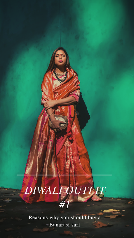 diwali outfit, desi avatar, banarasisari, pink and orange sari, pink and ornage outfit, mojri, sari photograohy, sari photoshoot, myriad musings, saumya shiohare 