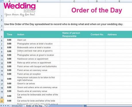 wedding planning spreadsheet order of the wedding day spreadsheet weddingideas