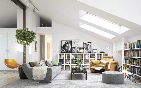 Attic Living Room Designed in Scandinavian style