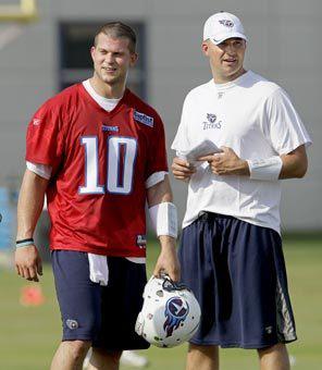 Tennessee Titans quarterbacks Jake Locker, left, and Matt Hasselbeck talk during NFL training camp.
