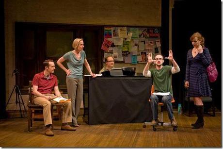 Stephen Schellhardt, McKinley Carter, Doug Peck, Matthew Crowle and Christine Sherrill in a scene from Northlight Theatre's [title of show], directed by Peter Amster. (photo credit: Michael Brosilow) 
