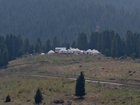 View of Kyrgyz yurts on a hill