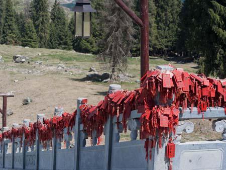 Red wooden blocks hanging outside