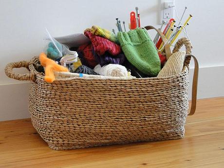 knitted projects in basket