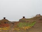 The twin pagodas of Sun Moon Pass with prayer flags on the hills