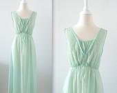 Vintage Long Nightgown - 1970s Sage Green Chiffon - Medium Large - TwoMoxie