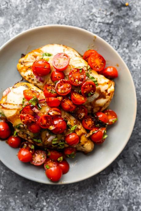 overhead shot of bruschetta chicken on plate