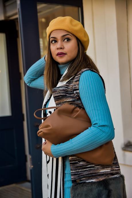 MONOCHROMATIC outfit, sweater and skirt coordinate, separates, blur turtleneck, blue  knit pencil skirt, yellow beret, bottega bag, animal print boots, snakeskin boots, myriad musings, saumya shiohare 